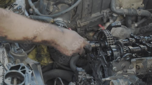 After repair mechanic with bare and dirty hands tightens the bolt with a ratchet into the pulley of the engine camshaft chain 