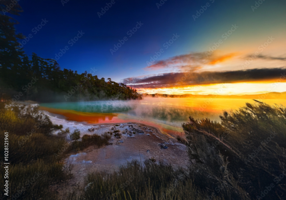 A vibrant sunrise casts warm hues over a misty lake, surrounded by verdant trees and a rocky shoreline.