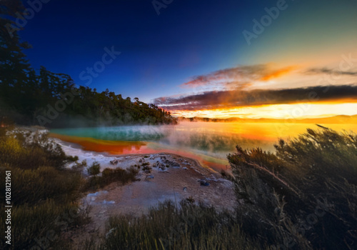 A vibrant sunrise casts warm hues over a misty lake, surrounded by verdant trees and a rocky shoreline.