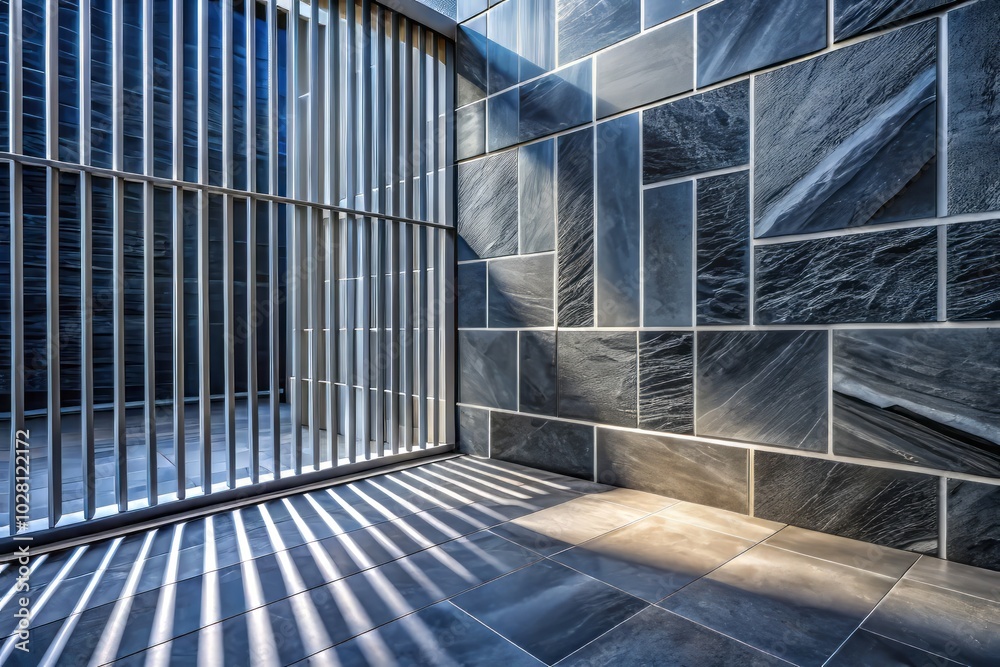 Fototapeta premium Abstract Gray Stone Concrete Tiles Texture with Geometric Background and 3D Charcoal Toned Glass Wall Illustration