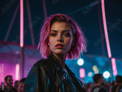 Edgy Fashion Portrait: Woman with Pink Hair in Nightclub Neon Lights photo