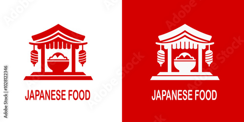 Red Japanese food logo design featuring traditional elements like a temple structure, lanterns, and a bowl of food. Perfect for branding restaurants, food stainl, or culinary businesses