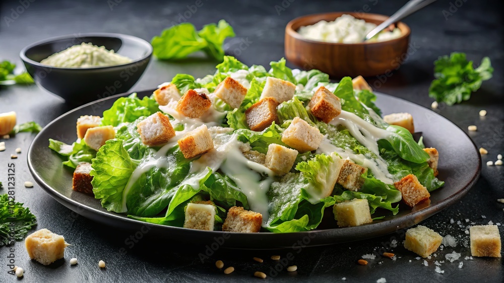 A closeup of a classic Caesar salad, showcasing vibrant, fresh ingredients against a sleek black background, highlighting the timeless appeal and rich flavors of this dish. A closeup of a classic Caesar salad, showcasing vibrant, fresh ingredients against a sleek black background, highlighting the timeless appeal and rich flavors of this dish.