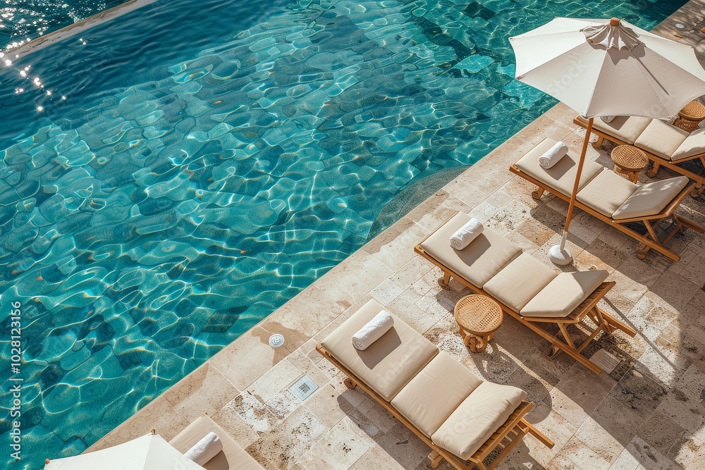 Close-up of modern luxury wooden sunbeds with beige cushions and umbrellas near a pool, showcasing a minimalist architectural style in a sunny Greek hotel setting. Close-up of modern luxury wooden sunbeds with beige cushions and umbrellas near a pool, showcasing a minimalist architectural style in a sunny Greek hotel setting.