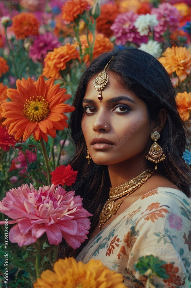 Indian woman in traditional jewelry with vibrant floral background, elegant portrait