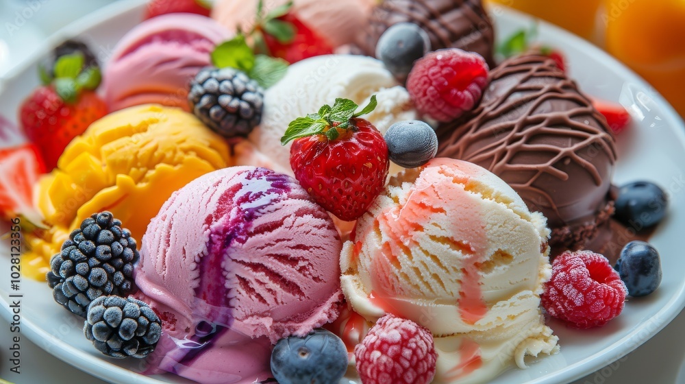 Colorful ice creams displayed on a white plate, showcasing rich textures and shapes in a bright color scheme, illuminated by natural light. Colorful ice creams displayed on a white plate, showcasing rich textures and shapes in a bright color scheme, illuminated by natural light.