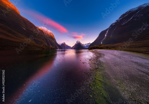 A calm lake with a reflection of the pink sky and the snow capped peaks.