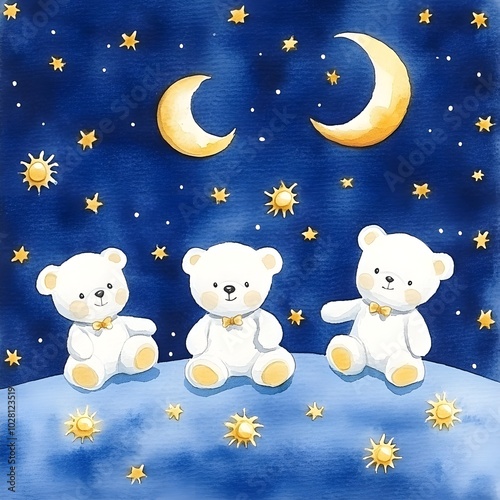 Cute Teddy Bears under a Starry Night Sky