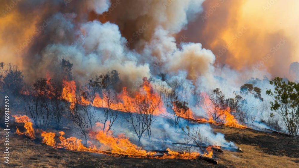 Wild bush fire spreading across landscape, creating a smoky, fiery scene Wild bush fire spreading across landscape, creating a smoky, fiery scene