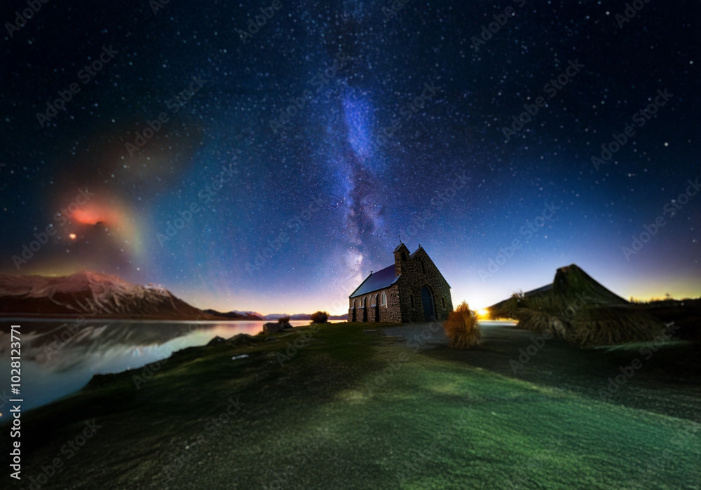 A small stone church with a blue roof sits on a grassy hill overlooking a lake, with the Milky Way stretching across the starry night sky. A small stone church with a blue roof sits on a grassy hill overlooking a lake, with the Milky Way stretching across the starry night sky.