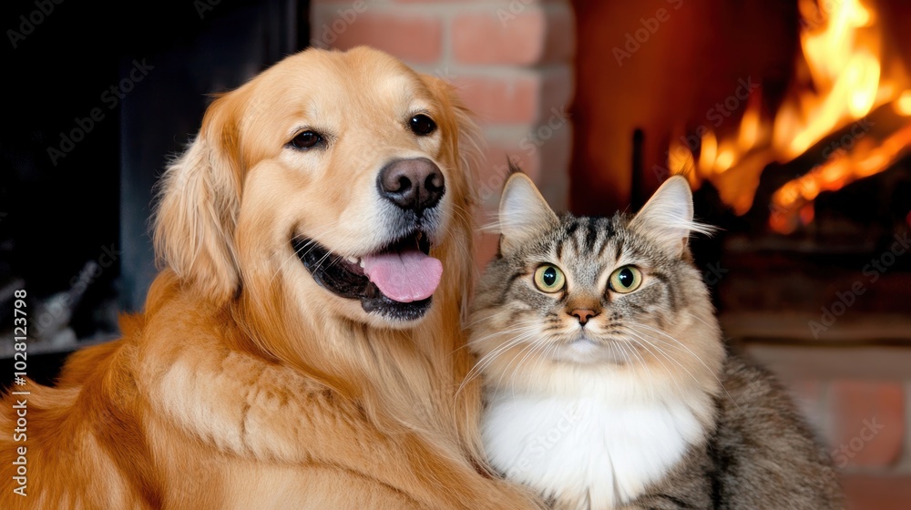 Dog and Cat Sitting Together by Fireplace