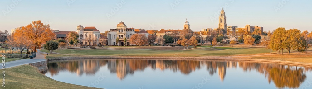 A scenic lakeside town at golden hour with trees in autumn colors and historic buildings reflecting in the calm water.. A scenic lakeside town at golden hour with trees in autumn colors and historic buildings reflecting in the calm water..