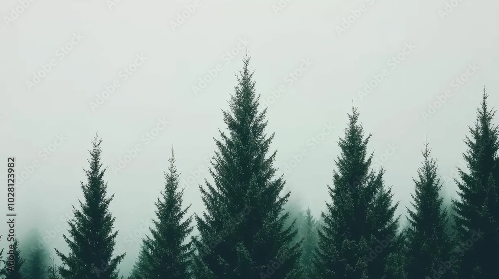 A row of tall pine trees in an evergreen forest under a foggy, misty sky. The trees stand against the white backdrop of thick mist.. A row of tall pine trees in an evergreen forest under a foggy, misty sky. The trees stand against the white backdrop of thick mist..