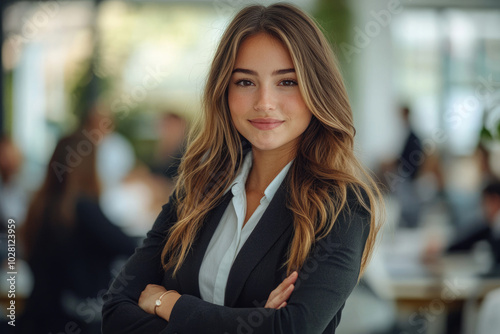 A young woman in the office, smiling at the camera