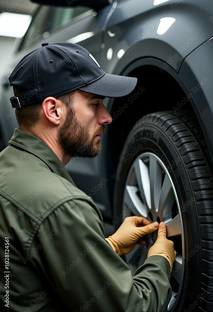 Dynamic Image of Mechanic in Black Baseball Cap Engaged in Tire Change, Showcasing Expertise in Vehicle Maintenance and Automotive Service in a Well-Lit Garage Setting Dynamic Image of Mechanic in Black Baseball Cap Engaged in Tire Change, Showcasing Expertise in Vehicle Maintenance and Automotive Service in a Well-Lit Garage Setting