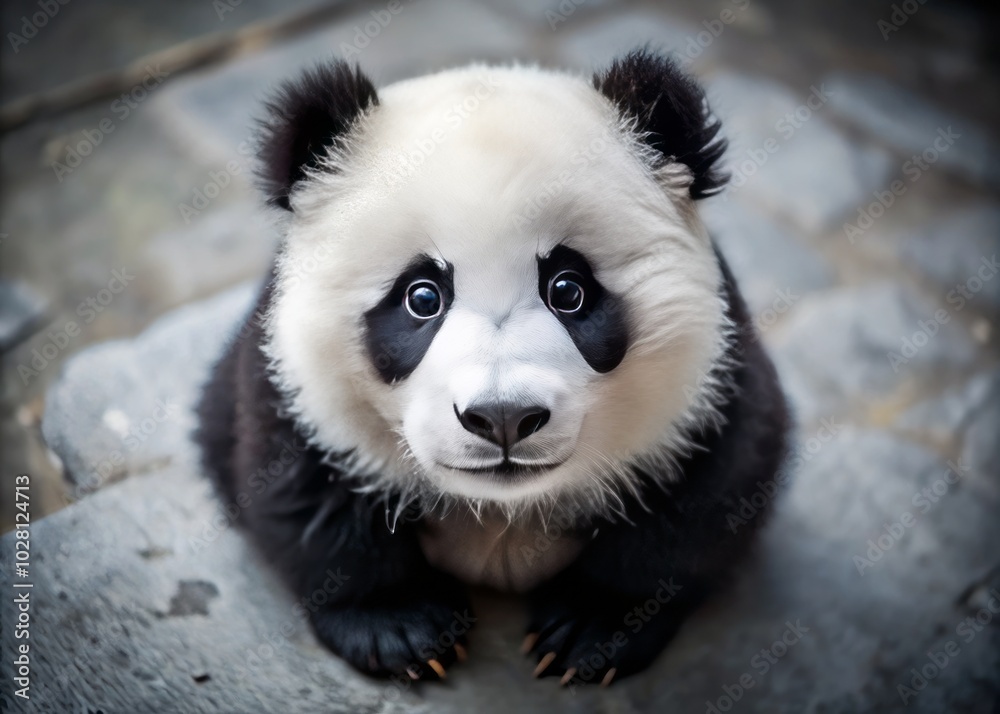 Fototapeta premium Adorable Panda Curiously Gazing at the Viewer on a Soft Grey Surface – Drone Photography Capturing Wildlife Beauty