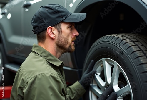 Detailed Photorealistic Image of Mechanic in Black Baseball Cap Performing Tire Change, Showcasing Tire Tread and Vehicle Maintenance Skills in Natural Lighting