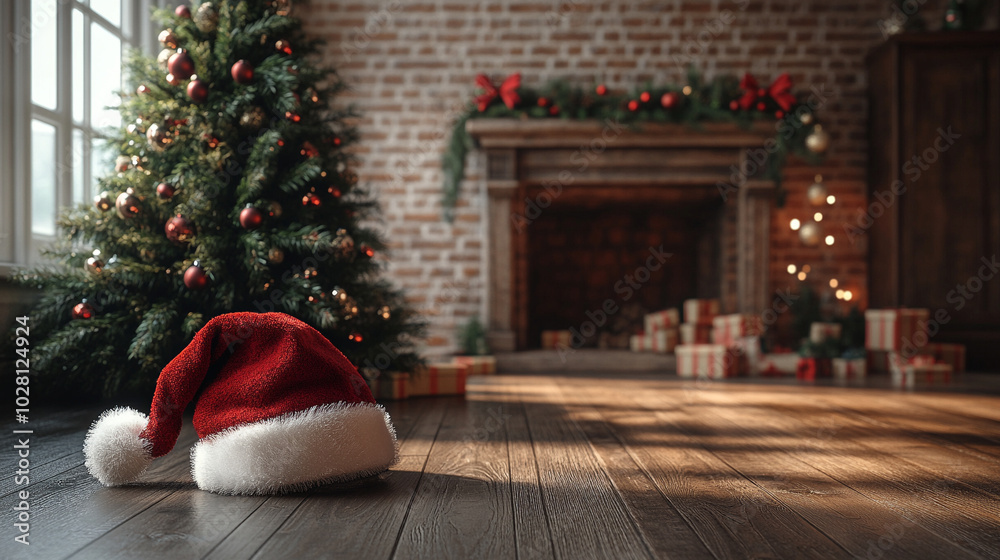 Obraz premium santa hat and christmas tree with gifts background