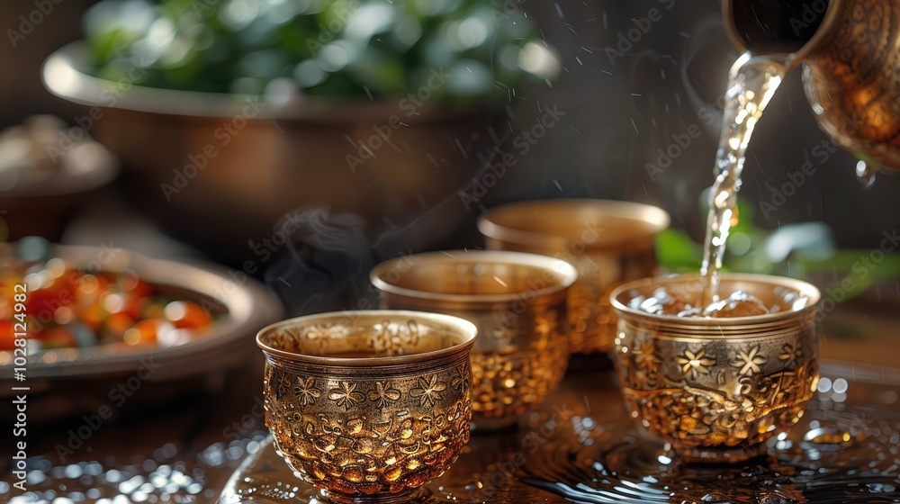 Fototapeta premium traditional Arabic wine being poured into golden cups, set on an old wooden table with various dishes in the background
