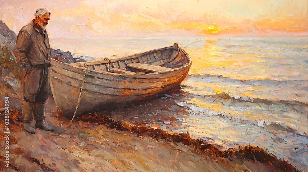 Oil Painting of Elderly Fisherman at Sunset with Rowboat on Beach