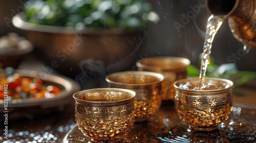 traditional Arabic wine being poured into golden cups, set on an old wooden table with various dishes in the background