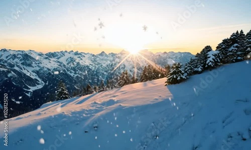 Serene Mountain Snowfall: Peaceful Snowflakes Drift Over Snow-Capped Peaks