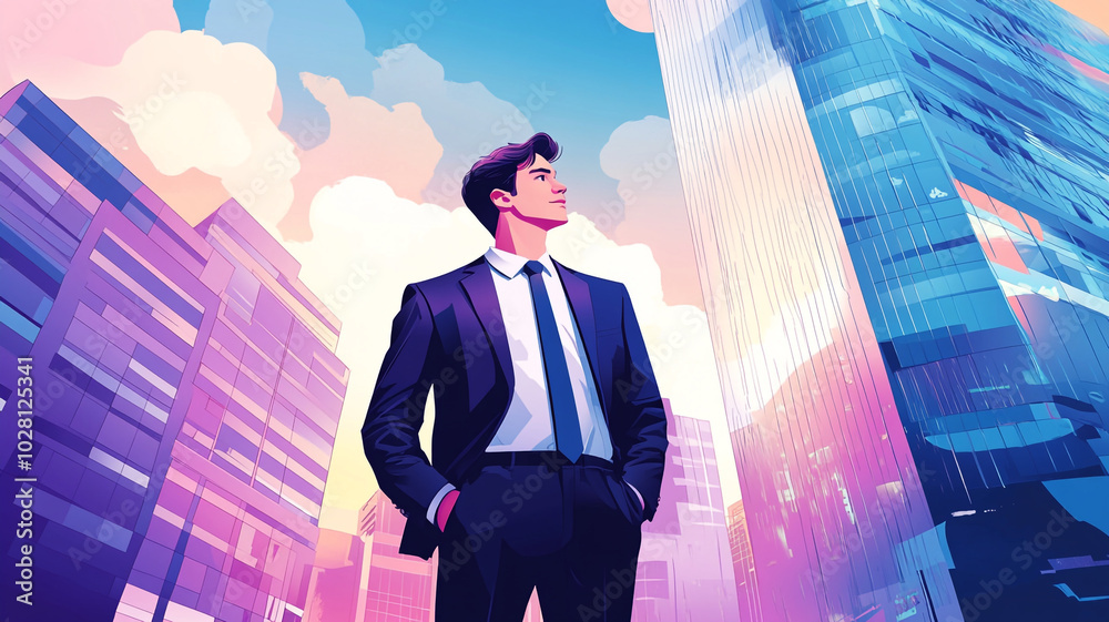 Fototapeta premium A confident businessman gazes up at skyscrapers during sunset in an urban setting
