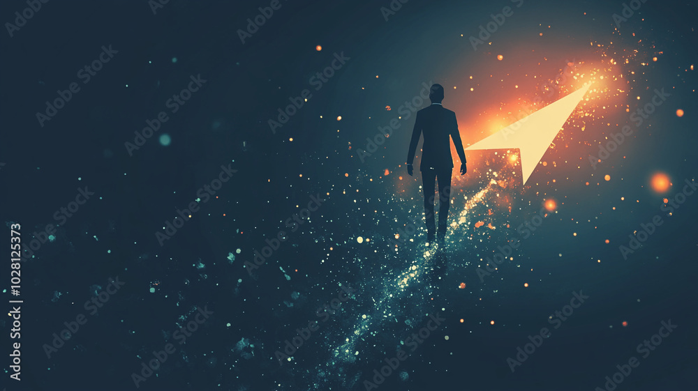 Naklejka premium A silhouette of a person walking towards a glowing arrow in a vast, starry space environment