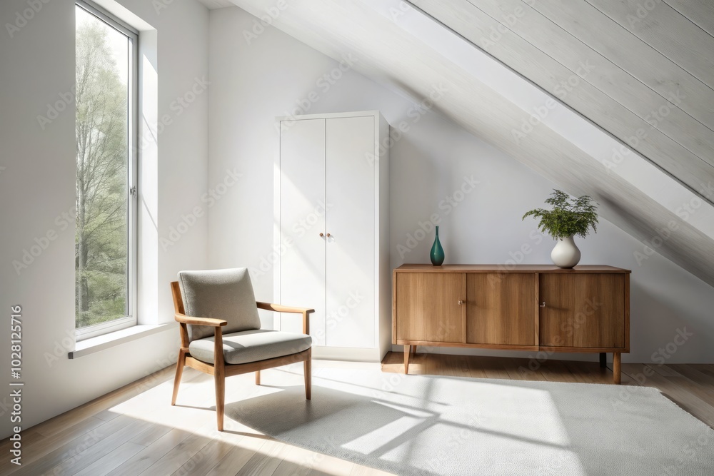 Aerial View of a Minimalist White Room Featuring a Wooden Cabinet and Elegant Chair for Interior Design Inspiration Aerial View of a Minimalist White Room Featuring a Wooden Cabinet and Elegant Chair for Interior Design Inspiration