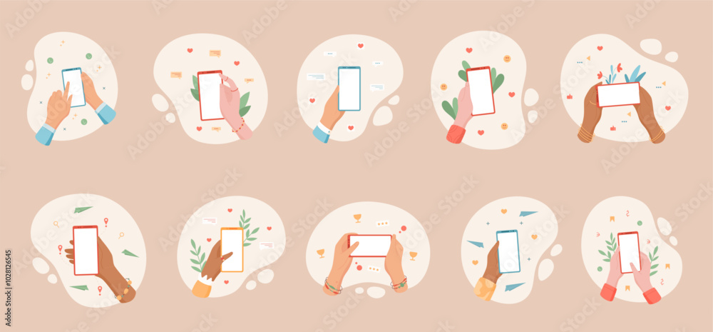 Cartoon hands hold smartphones in various styles with social media and chat applications. Blank mobile screens set show diverse digital communication concept in a colorful flat design, social template Cartoon hands hold smartphones in various styles with social media and chat applications. Blank mobile screens set show diverse digital communication concept in a colorful flat design, social template