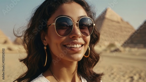 Woman smiling at the camera, wearing sunglasses and dark hair in an outdoor setting