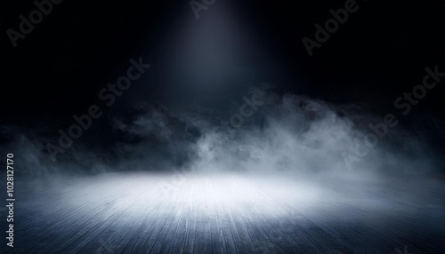 White smoke or fog flow on floor. Large mist in dark room on black background. Smoke on stage studio