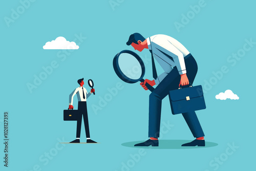 two businessmen suspect each other and analyze each other with a magnifying glass