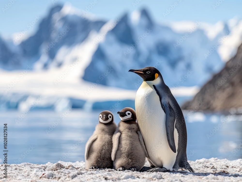 Fototapeta premium Family of Penguins Huddled Together on Icy Land