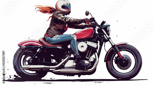 Profile view of a woman with red hair wearing a helmet while riding a motorcycle