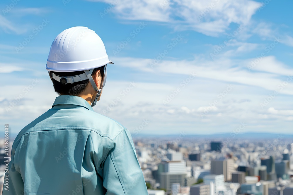 男性、ヘルメット、後ろ姿、建設事業、電気設備事業、青空、コピースペース