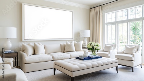 A transitional living room blending traditional and contemporary styles, with neutral furnishings and a large blank white frame showcasing potential artwork above the sofa.