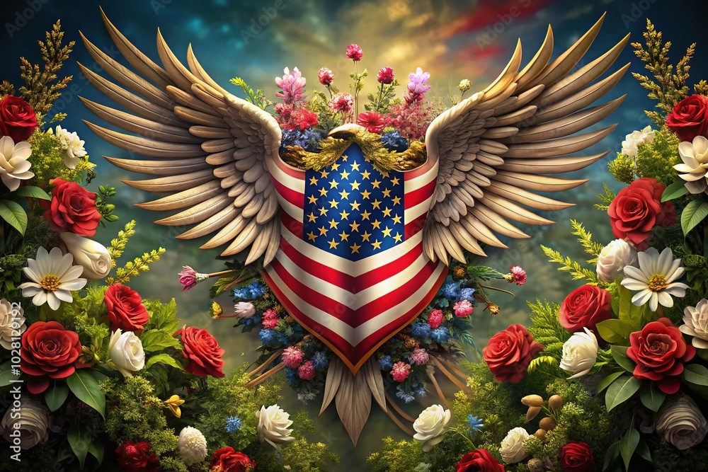 American Flag Crest with Wings and Floral Ornaments in Candid Photography Style American Flag Crest with Wings and Floral Ornaments in Candid Photography Style
