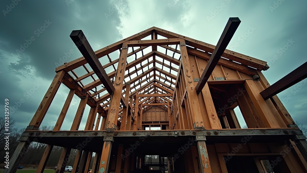 Obraz premium Wooden Frame House Under Construction with Cloudy Sky