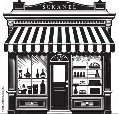 Vintage Boutique Storefront Illustration - Black and White Art