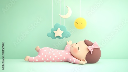 3D cartoon illustration of a peacefully sleeping baby in a pink onesie with white polka dots and a pink bow on her head. She lies on her back with arms outstretched, 