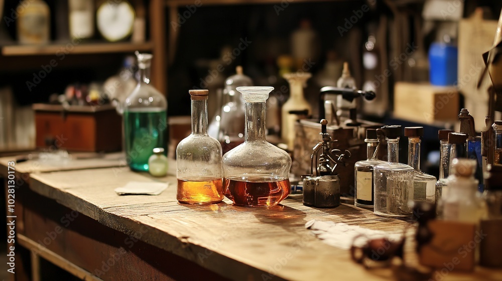 A chemist’s table filled with laboratory glassware, chemical bottles, and scientific tools. The scene conveys a sense of precision and innovation, perfect for themes related to chemistry, research, A chemist’s table filled with laboratory glassware, chemical bottles, and scientific tools. The scene conveys a sense of precision and innovation, perfect for themes related to chemistry, research,