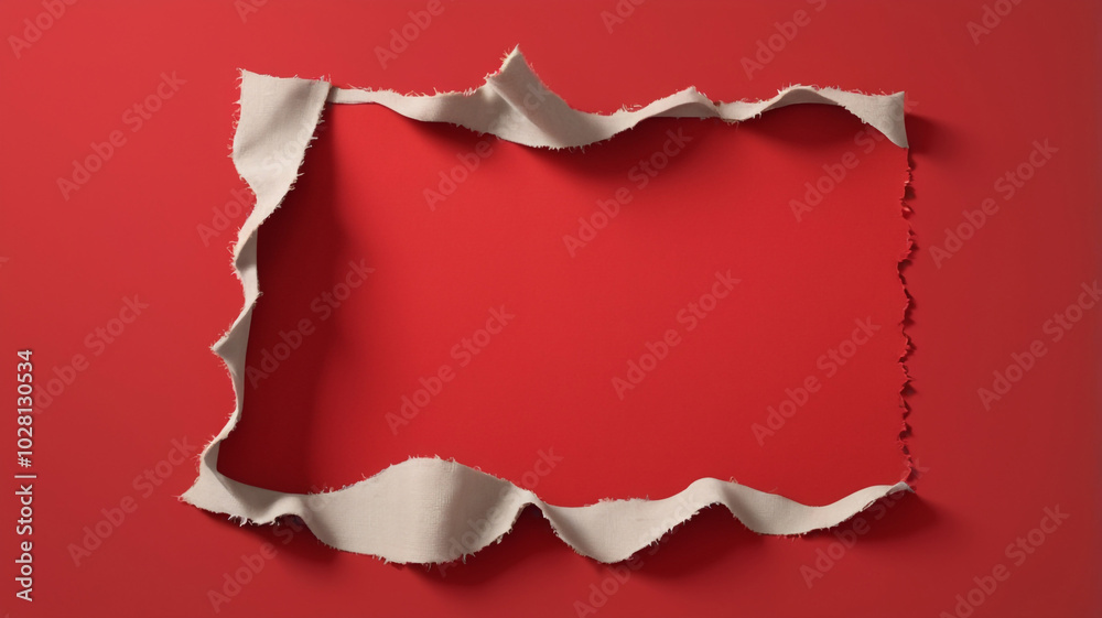 A torn piece of old fabric with frayed edges on a vibrant red background