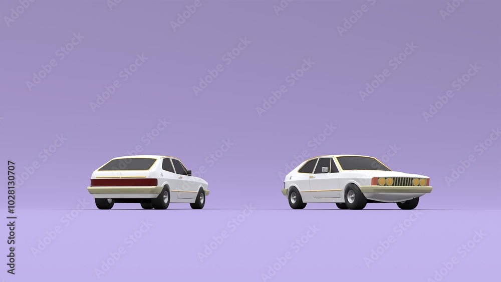 Cool looking old fashion cars, studio render on purple background. Bright modern car design. 3d illustration.