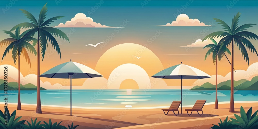 Obraz premium A serene coastal scene featuring paper art sun umbrellas and palm trees, where simplicity meets elegance, capturing the essence of a minimalist beach getaway.