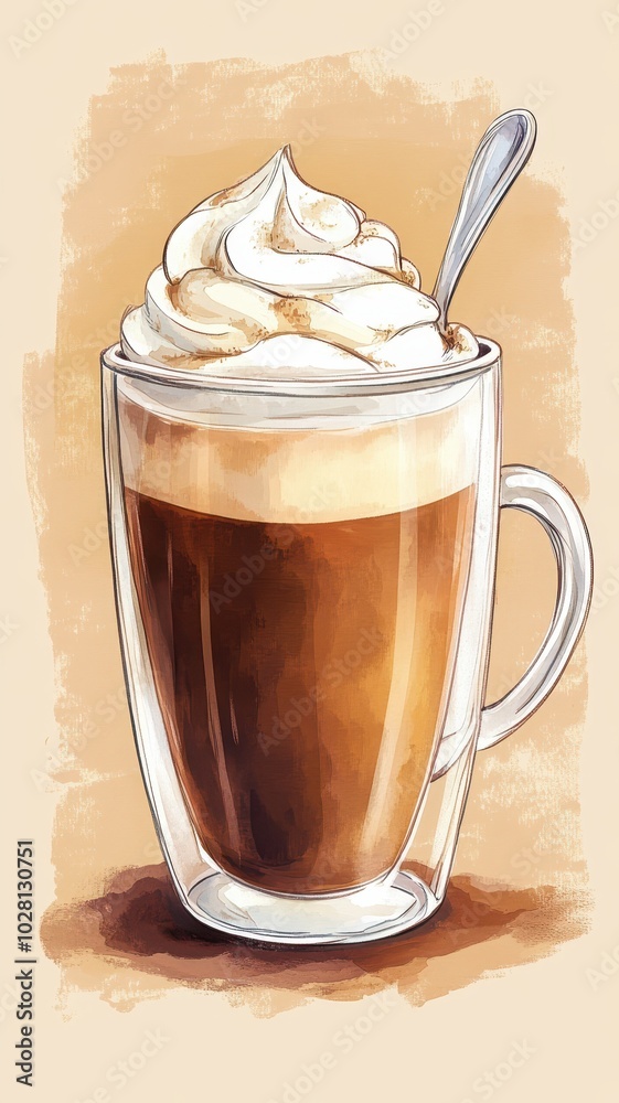 Watercolor of Cappuccino coffee in the cup,cream latte,Hand drawn underwater element design,underwater element design,Illustration for greeting cards,menu cafe,winter drink,space for text. Watercolor of Cappuccino coffee in the cup,cream latte,Hand drawn underwater element design,underwater element design,Illustration for greeting cards,menu cafe,winter drink,space for text.