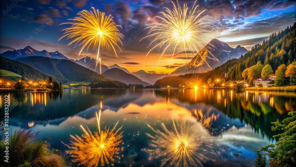 Captivating Golden Night Burst with Fireworks and Lens Flare Over a Serene Landscape