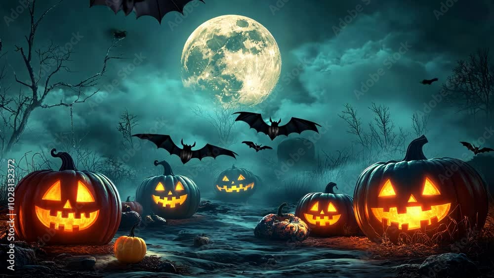 Halloween pumpkins with glowing faces in a misty forest with full moon and bats. Halloween pumpkins with glowing faces in a misty forest with full moon and bats.