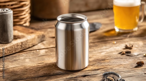 Minimalistic 340ml metal beverage can on a plain background. Sleek and modern design, suitable for soft drinks, energy drinks, or sparkling water packaging. Perfect for product advertisements,  photo