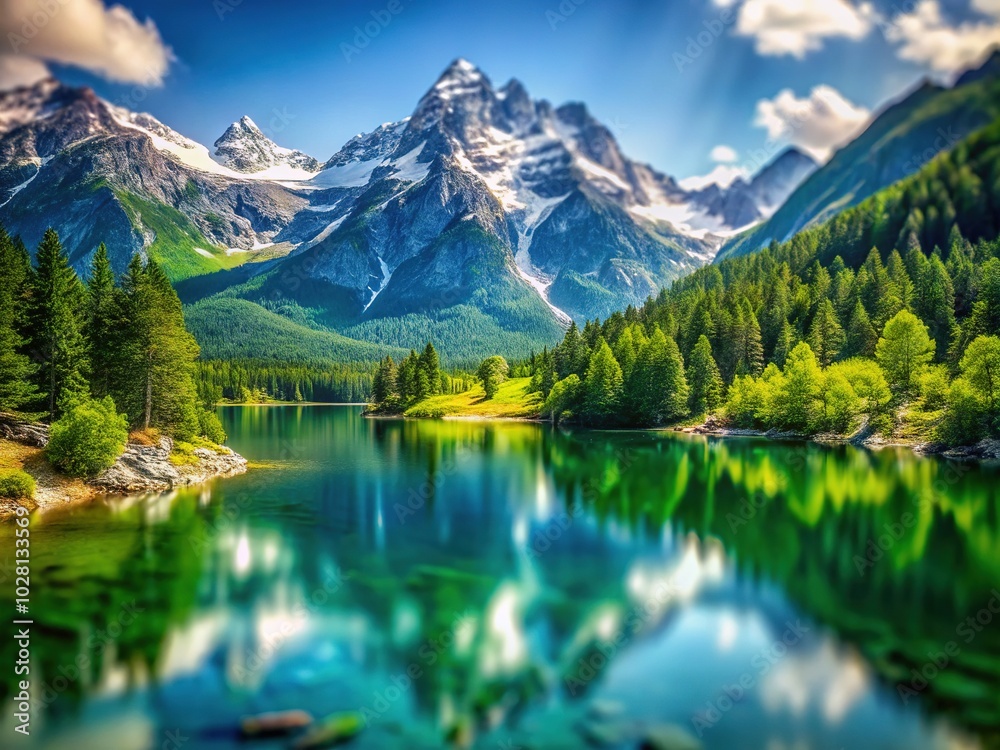 Crystal Clear Mountain Lake with Snow-Capped Peaks - Tilt-Shift Photography Effect Crystal Clear Mountain Lake with Snow-Capped Peaks - Tilt-Shift Photography Effect